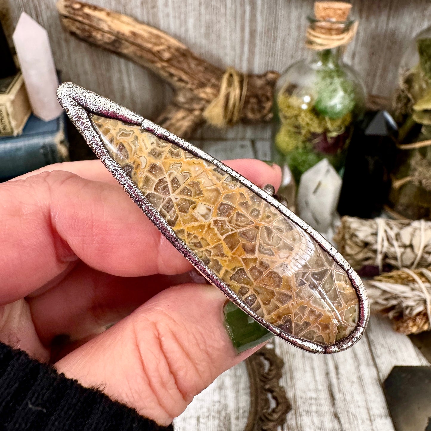 Big Fossilized Coral Crystal Ring Fine Silver Size 9.5 / Foxlark Collection - One of a Kind