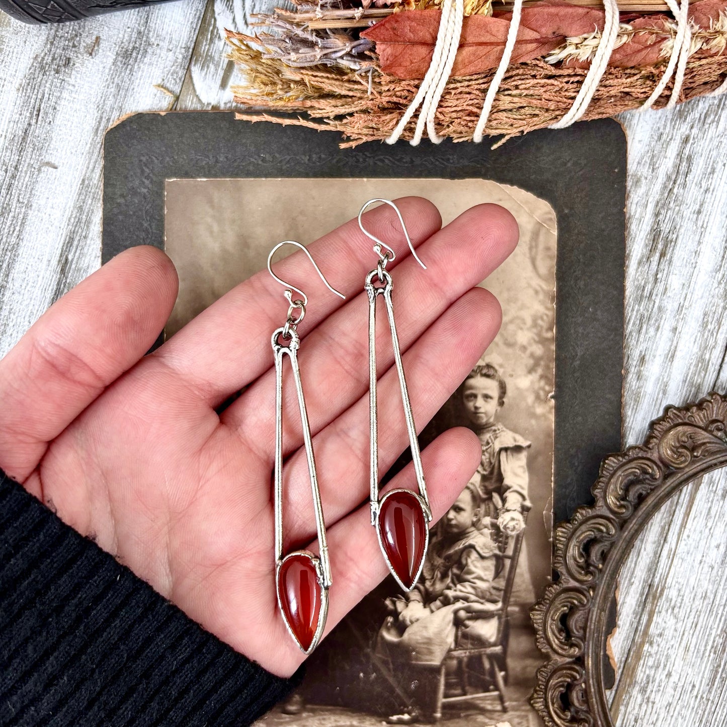 Carnelian Teardrop Fine Silver Crystal Earrings / Long Dangle Witchy Earrings