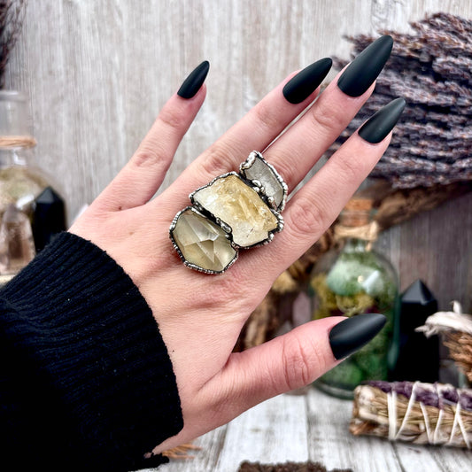 Three Stone Raw Citrine Clear Quartz Ring In Silver Size 9 / Foxlark Collection
