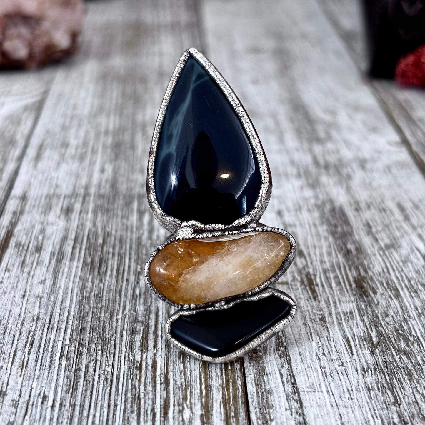 Multi Stone Obsidian Citrine Spiderweb Obsidian Ring In Silver Size 8.5 / Foxlark Collection