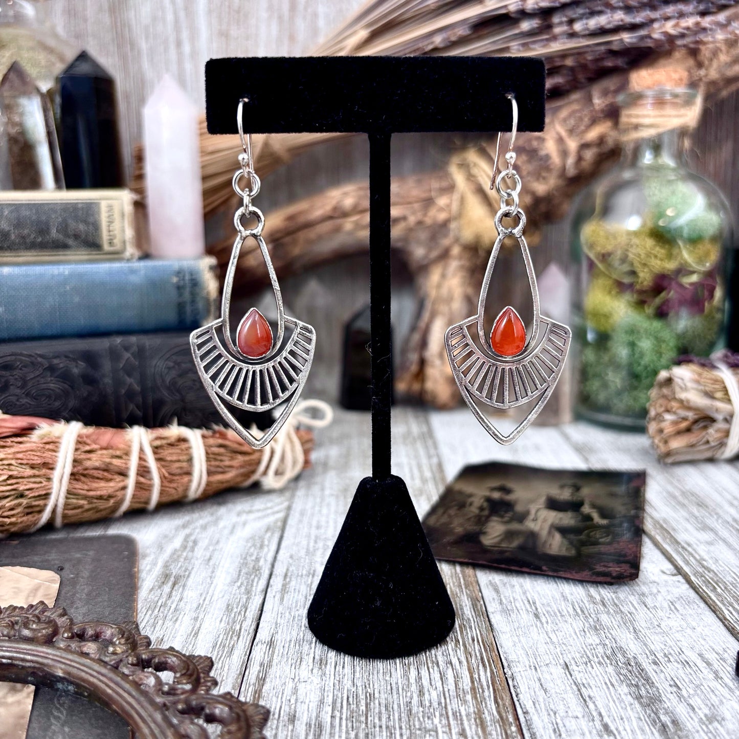 Carnelian Fine Silver Crystal Earrings / Long Dangle Witchy Earrings