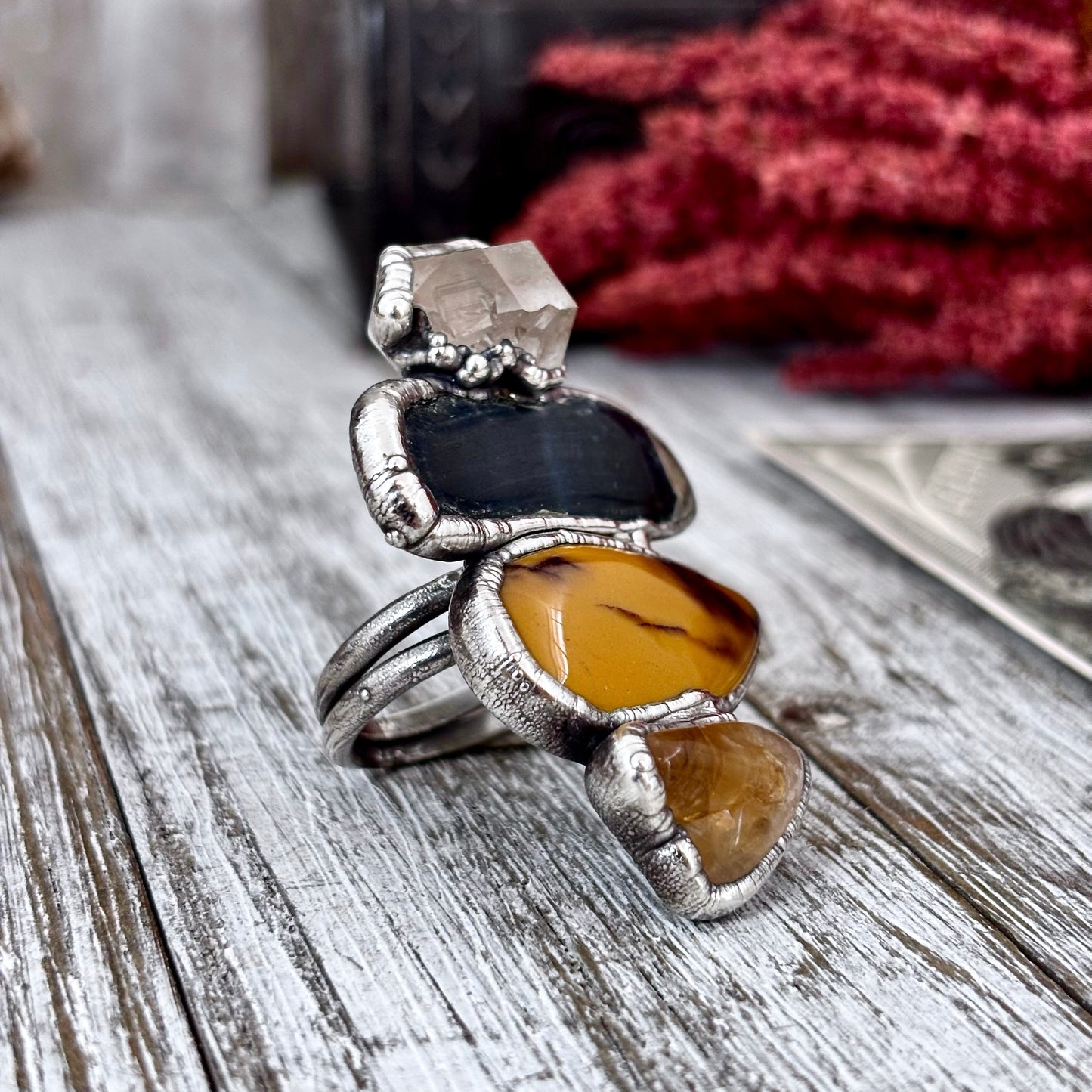Multi Stone Citrine Mookaite Blue Tigers Eye Herkimer Diamond Ring In Silver Size 9 / Foxlark Collection