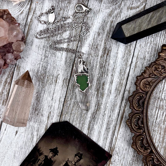 Clear Quartz & Green Sea Glass Crystal Statement Necklace in Fine Silver / Foxlark Collection - One of a Kind