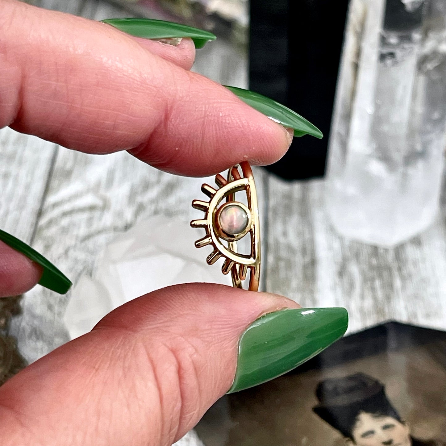 Dainty Third Eye Opal Ring Set in Brass Size 7 8 9 10