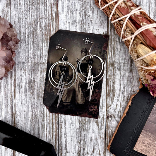 Teardrop Post Lightning Bolt, Black Onyx Bead and Hoop Stainless Steel Earrings / Snake Earrings - Long Dangly Geometric Earrings