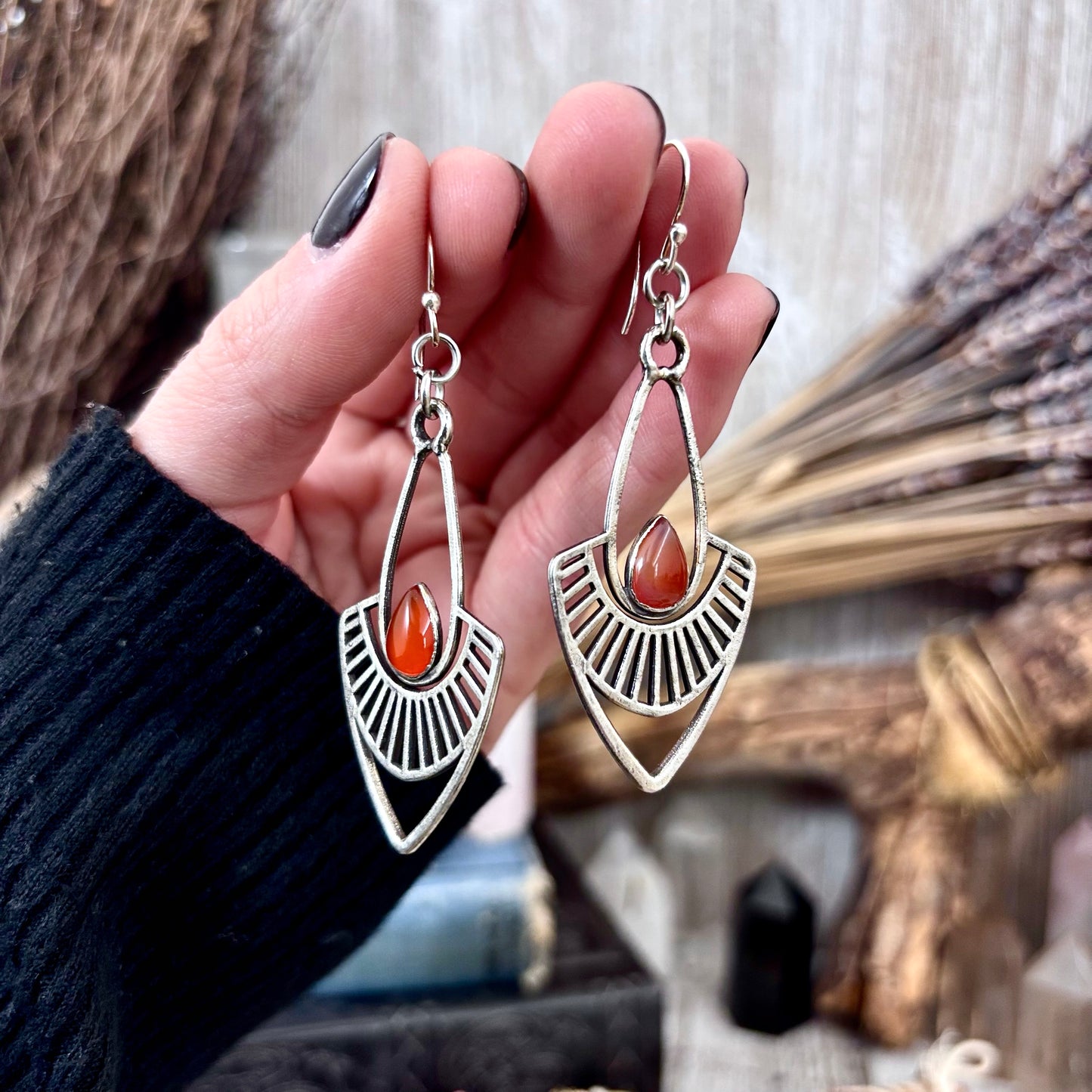 Carnelian Fine Silver Crystal Earrings / Long Dangle Witchy Earrings