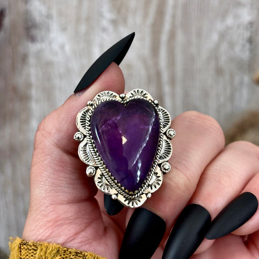 Amethyst Heart Crystal Statement Ring in Sterling Silver- Designed by FOXLARK Collection Adjusts to size 6,7,8,9, 10 / Gothic Jewelry