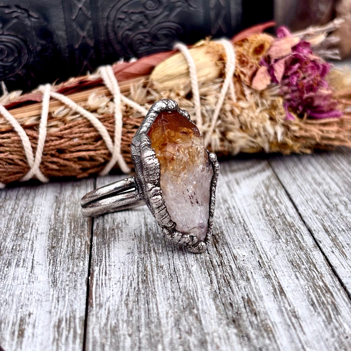 Raw Citrine Crystal Point Ring Set in Fine Silver Size 8 / Foxlark Collection - One of a Kind
