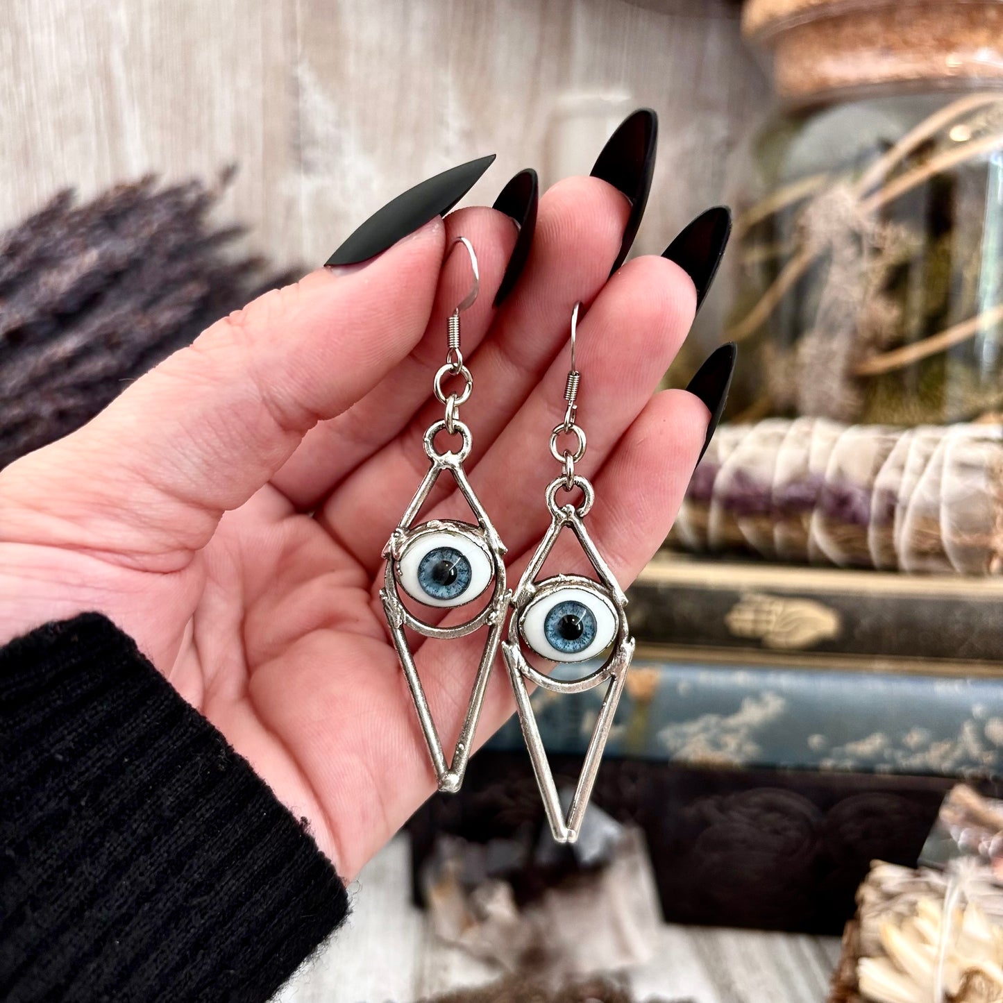 Blue Iris Eyeball Fine Silver Earrings / Long Dangle Witchy Earrings