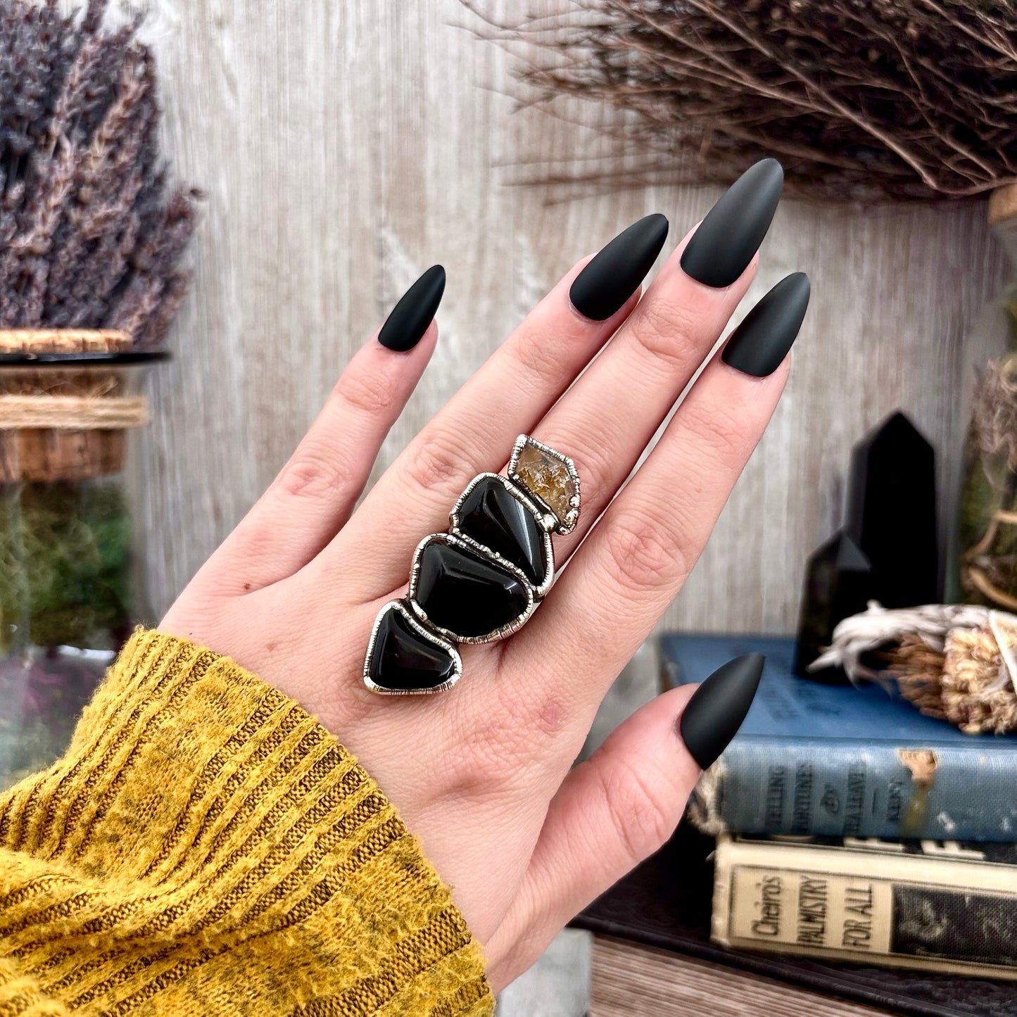 Multi Stone Black Obsidian Star Raw Citrine In Silver Size 7 / Foxlark Collection