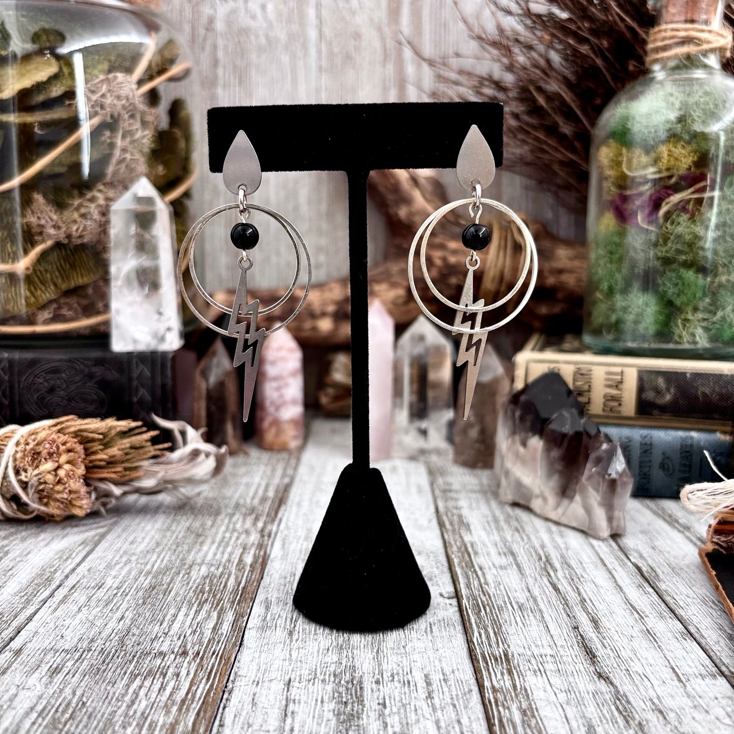 Teardrop Post Lightning Bolt, Black Onyx Bead and Hoop Stainless Steel Earrings / Snake Earrings - Long Dangly Geometric Earrings