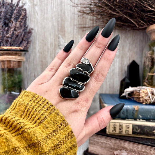 Multi Stone Black Obsidian Clear Quartz Ring In Silver Size 8.5 / Foxlark Collection