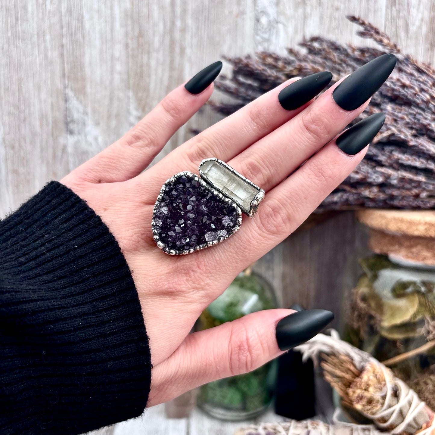 Raw Purple Amethyst and Clear Quartz Crystal Geode Ring in Fine Silver Size 10 / Foxlark Collection