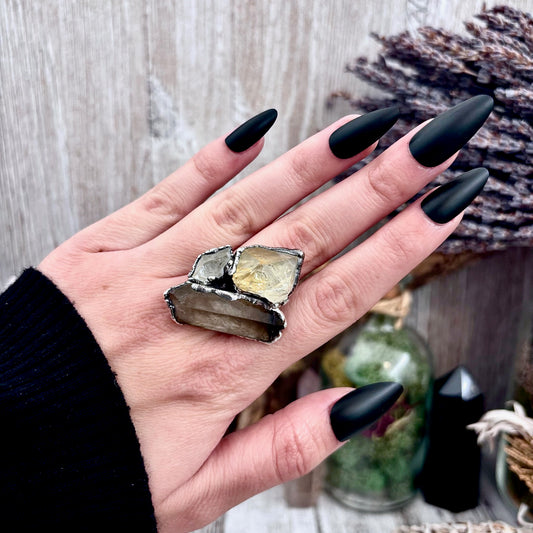 Three Stone Raw Citrine, Clear Quartz, Smoky Quartz Ring In Silver Size 8.5 / Foxlark Collection