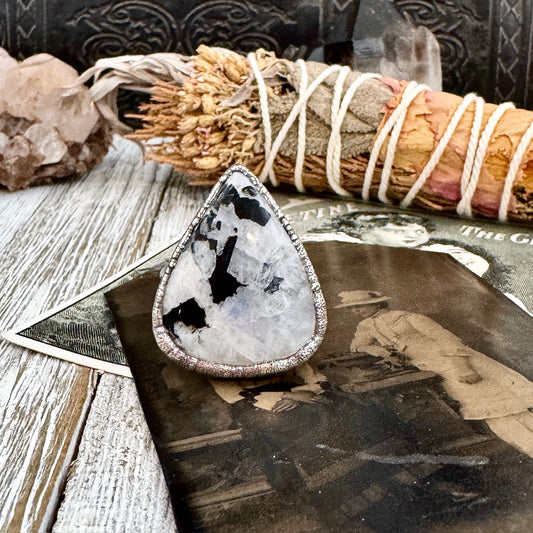 Rainbow Moonstone with Black Tourmaline Ring Silver Size 9 / Foxlark Collection