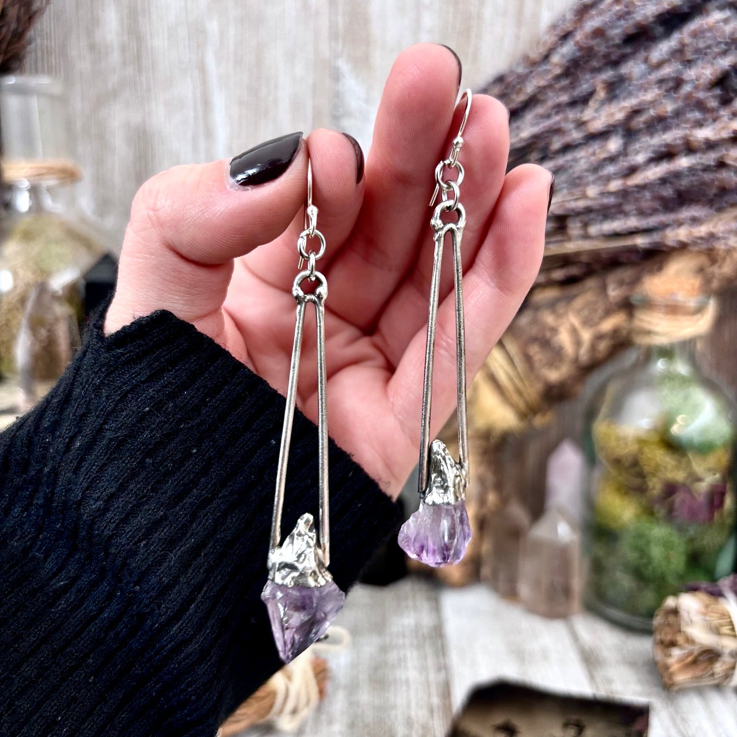 Raw Amethyst Fine Silver Crystal Earrings / Long Dangle Witchy Earrings