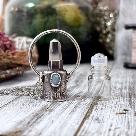 Clear Quartz and Aquamarine Crystal Necklace / Silver Rollerball Necklace