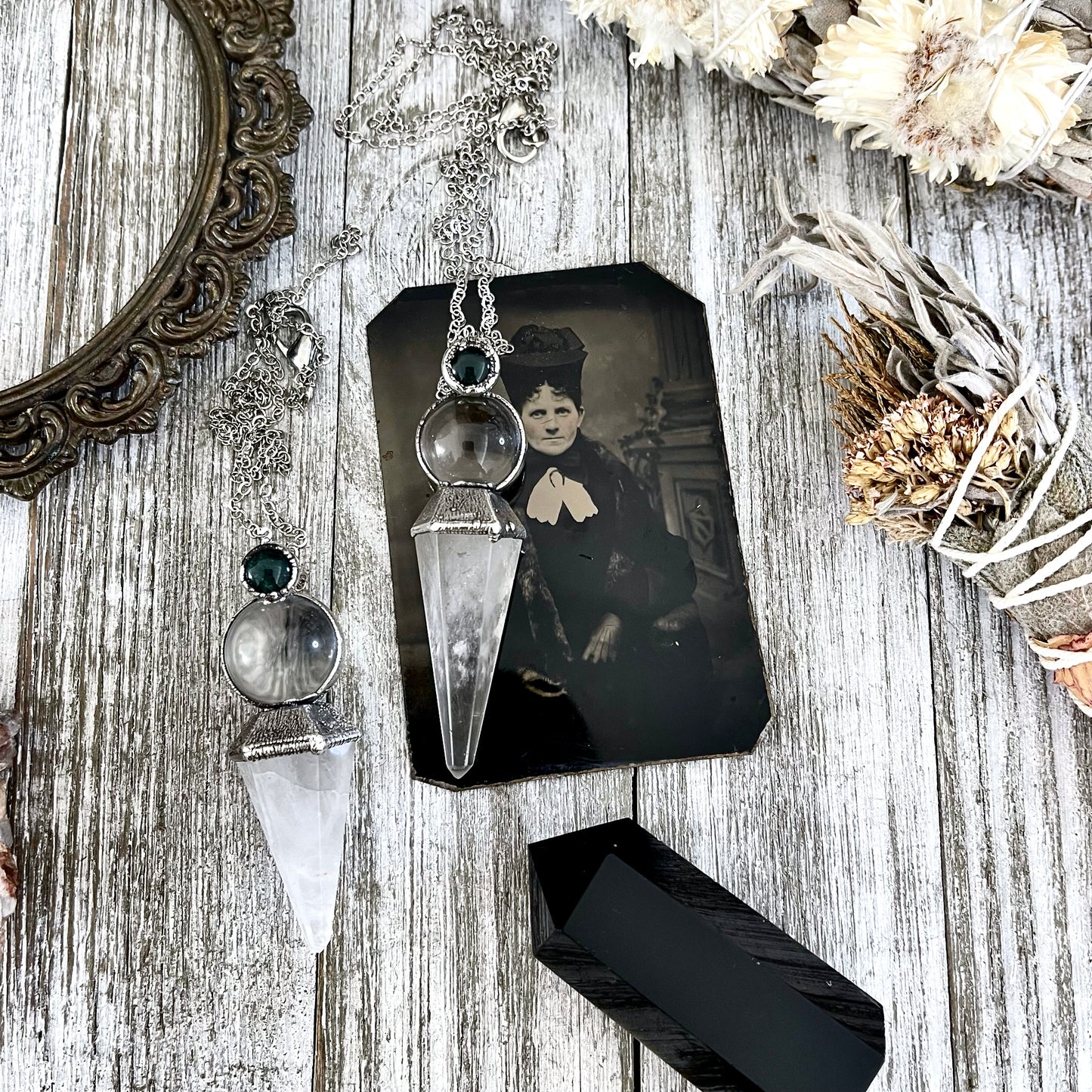 Clear Quartz Sphere Pendulum with Moss Agate Necklace Pendant in Fine Silver / Foxlark Collection