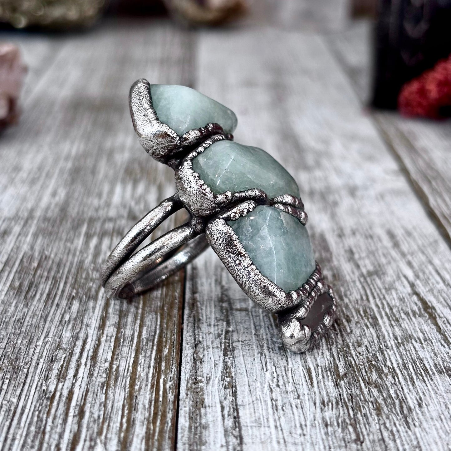 Multi Stone Aquamarine Clear Quartz Ring In Silver Size 8.5 / Foxlark Collection