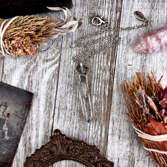 Clear Quartz & Peach Moonstone Crystal Statement Necklace in Fine Silver / Foxlark Collection - One of a Kind