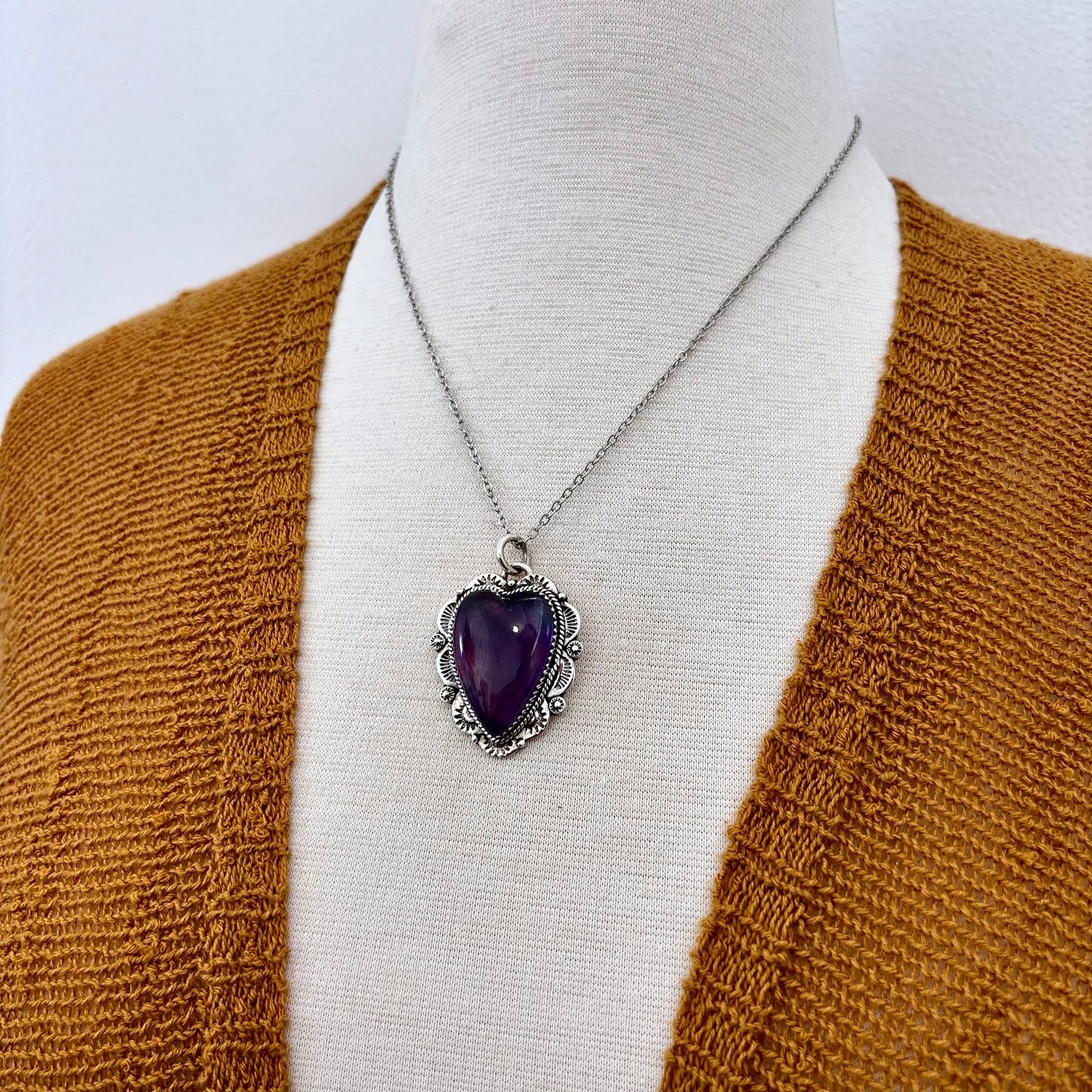 Amethyst Crystal Heart Necklace in Sterling Silver -Designed by FOXLARK Collection
