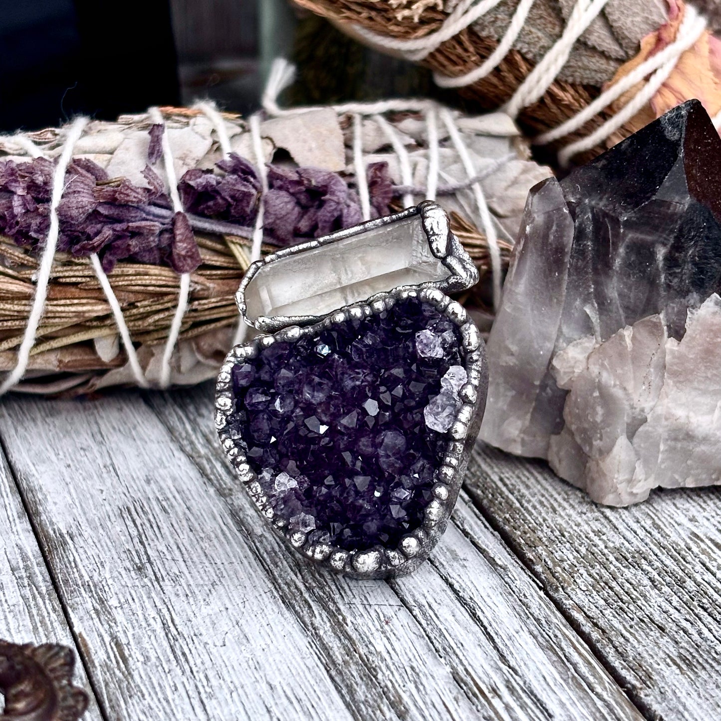 Raw Purple Amethyst and Clear Quartz Crystal Geode Ring in Fine Silver Size 10 / Foxlark Collection