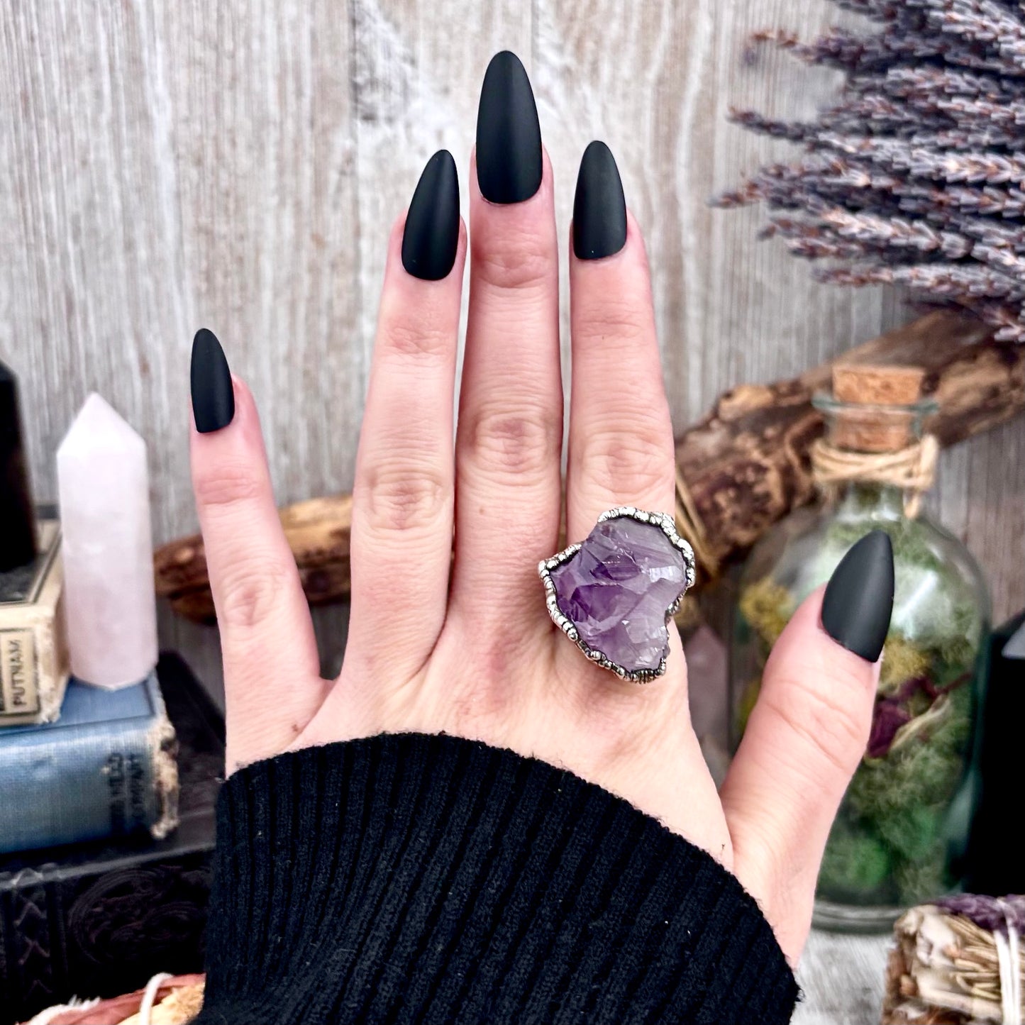 Raw Amethyst Crystal Ring Set in Fine Silver Size 8 / Foxlark Collection - One of a Kind