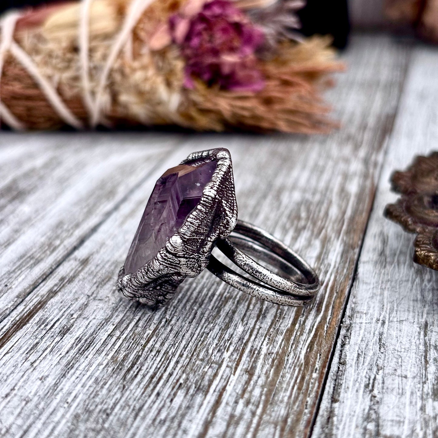Raw Amethyst Crystal Ring Set in Fine Silver Size 7 / Foxlark Collection - One of a Kind