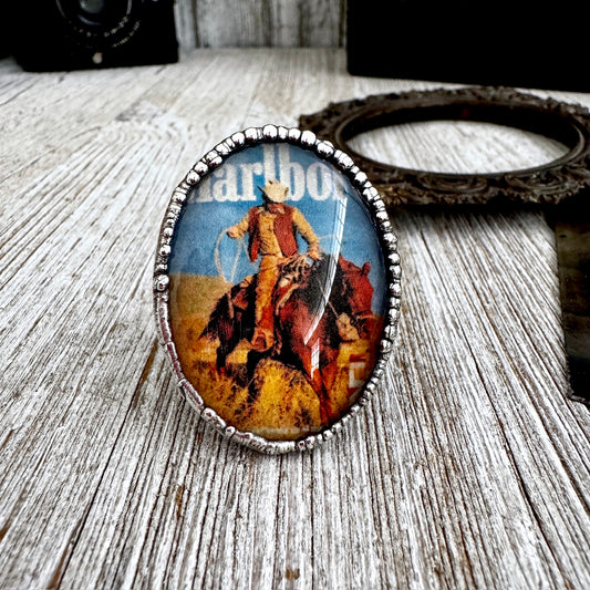 Road To Nowhere - Cowboy and Horse Vintage Cigarette AD Ring Fine Silver Size 10.5 / One of a Kind