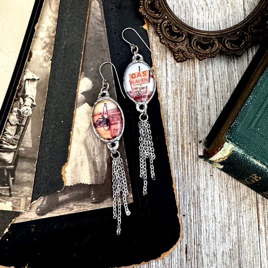 Road To Nowhere - Mismatched Large Gas Station Road Sign Motorcycle Gas Pump Fine Silver Long Fringe Earrings