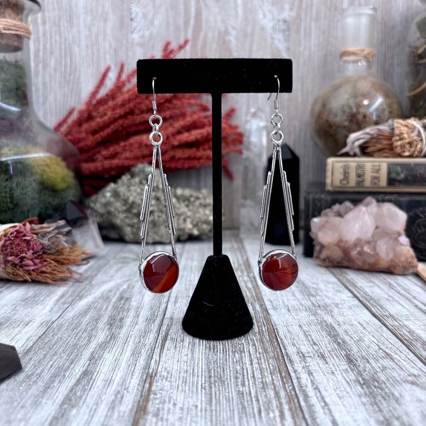 Red Carnelian Fine Silver Crystal Drop Earrings / Long Dangle Witchy Earrings