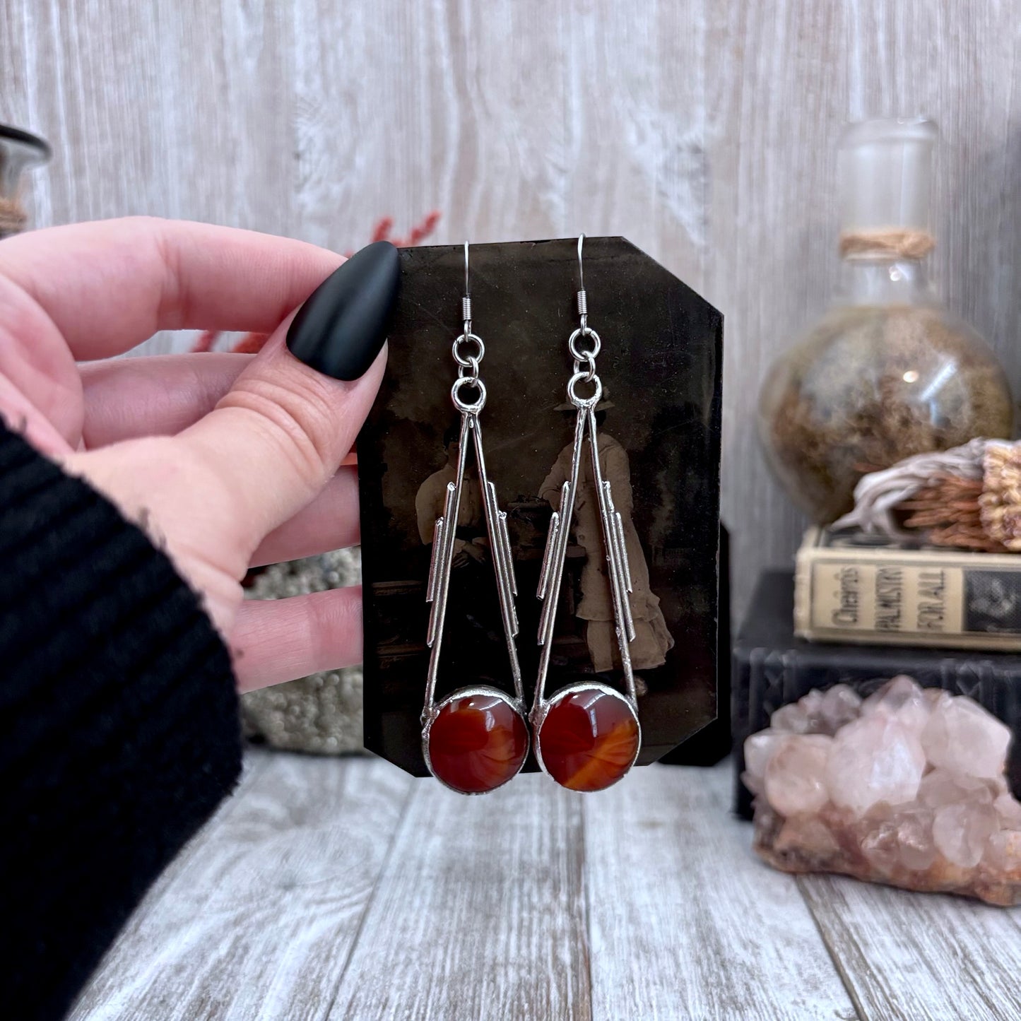 Red Carnelian Fine Silver Crystal Drop Earrings / Long Dangle Witchy Earrings
