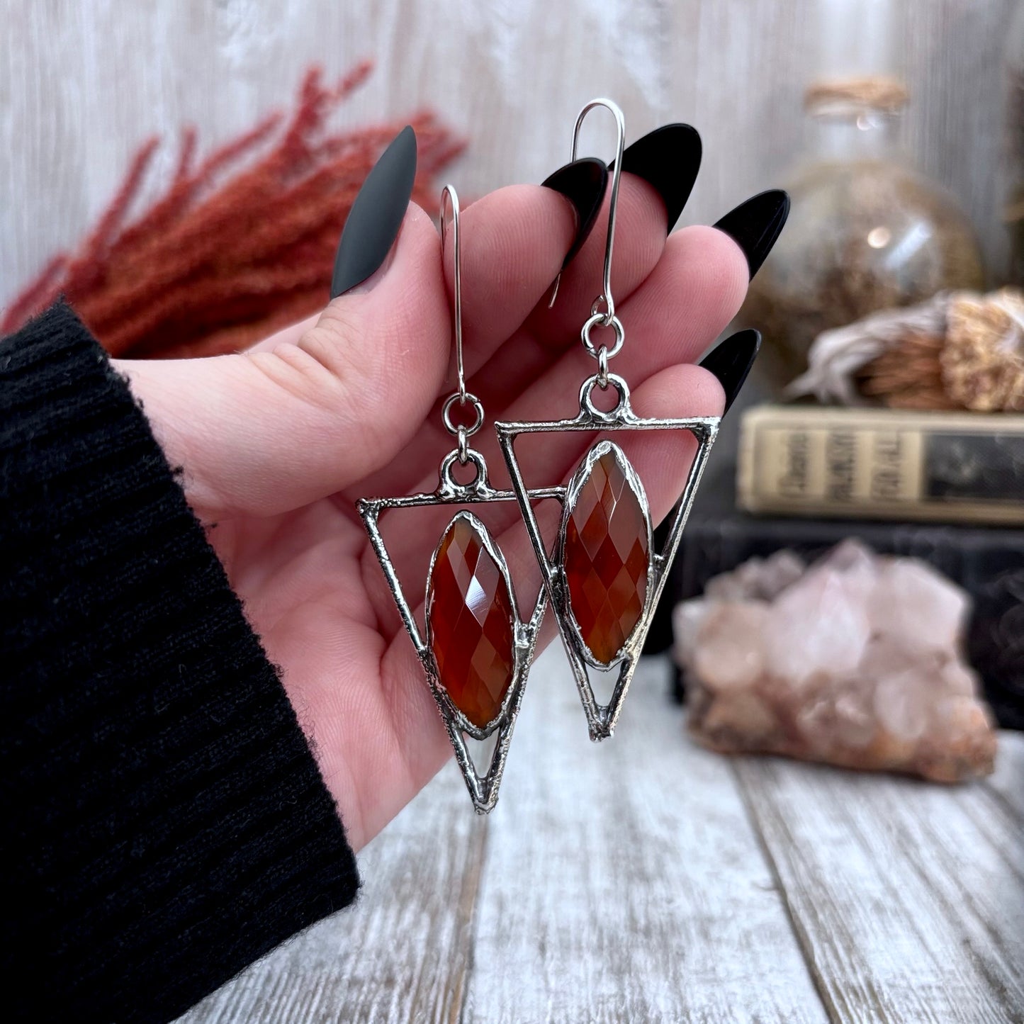 Carnelian Triangle Fine Silver Crystal Drop Earrings / Long Dangle Witchy Earrings