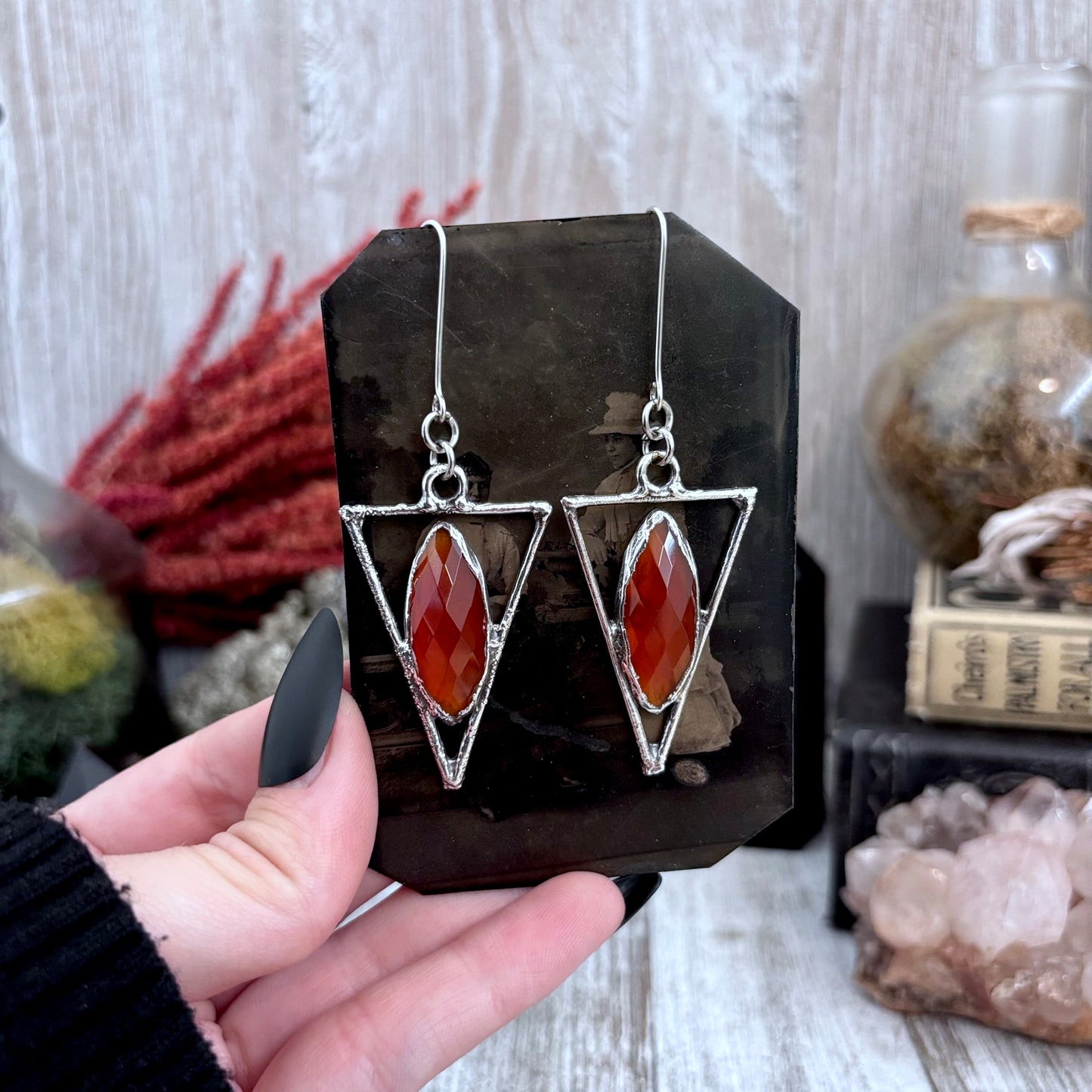Carnelian Triangle Fine Silver Crystal Drop Earrings / Long Dangle Witchy Earrings