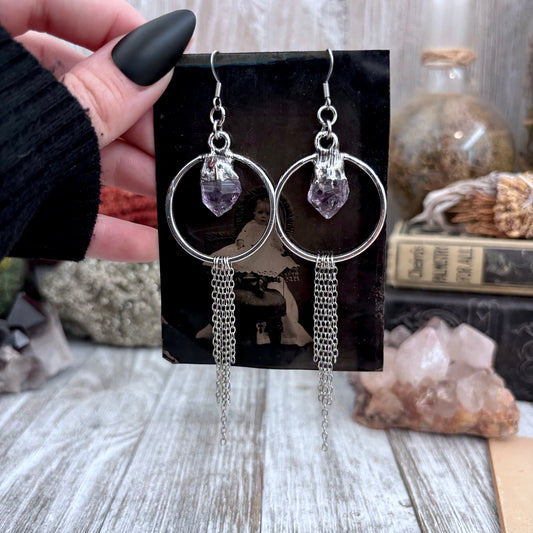 Raw Amethyst Hoop And Fringe Fine Silver Crystal Earrings / Long Dangle Witchy Earrings