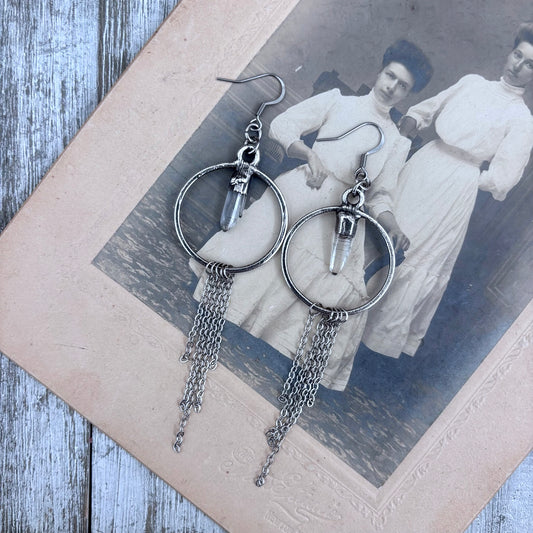 Raw Clear Quartz Hoop And Fringe Silver Crystal Earrings / Long Dangle Witchy Earrings