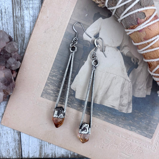 Raw Citrine Fine Silver Crystal Drop Earrings / Long Dangle Witchy Earrings