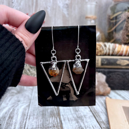 Raw Citrine Triangle Fine Silver Crystal Earrings / Long Dangle Witchy Earrings