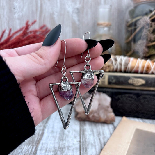 Raw Amethyst Triangle Fine Silver Crystal Earrings / Long Dangle Witchy Earrings
