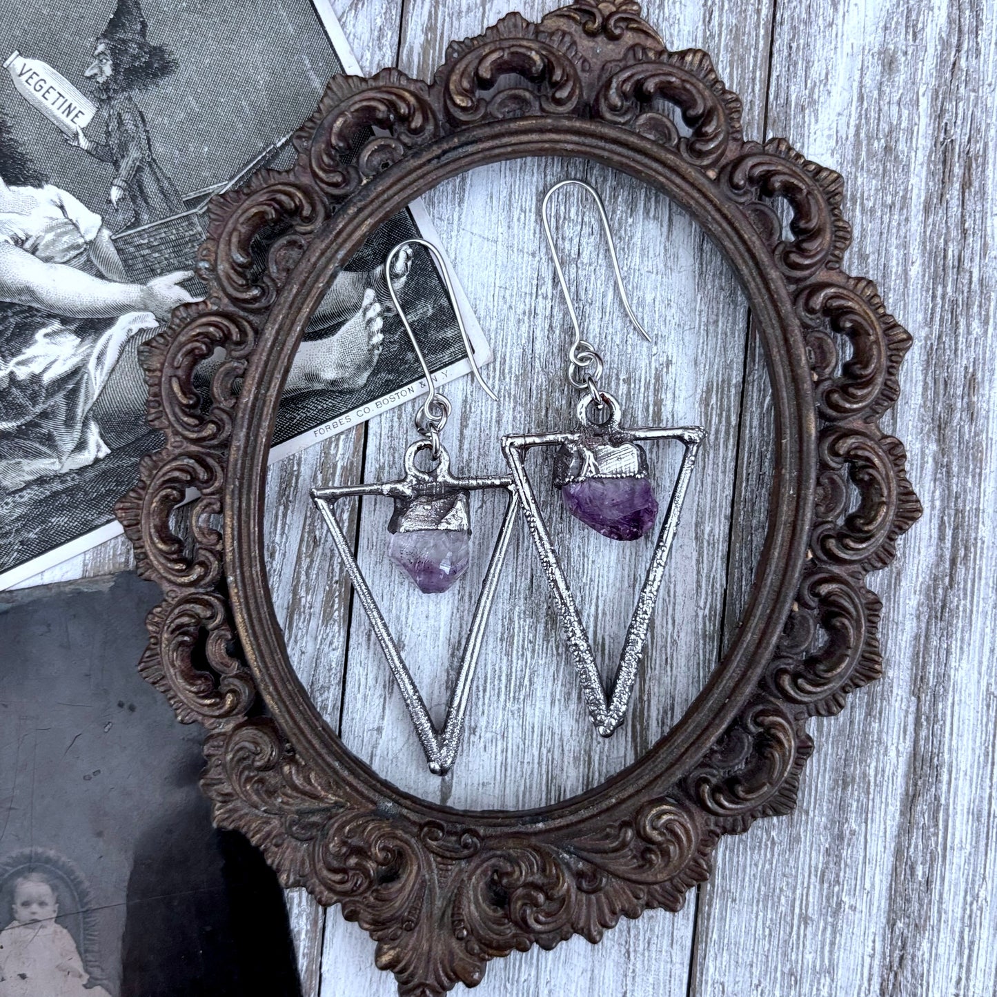 Raw Amethyst Triangle Fine Silver Crystal Earrings / Long Dangle Witchy Earrings