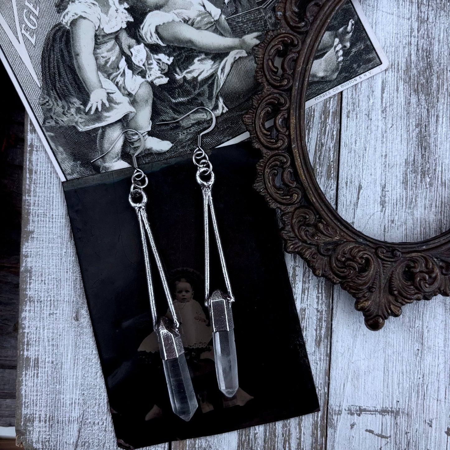 Raw Clear Quartz Fine Silver Crystal Drop Earrings / Long Dangle Witchy Earrings