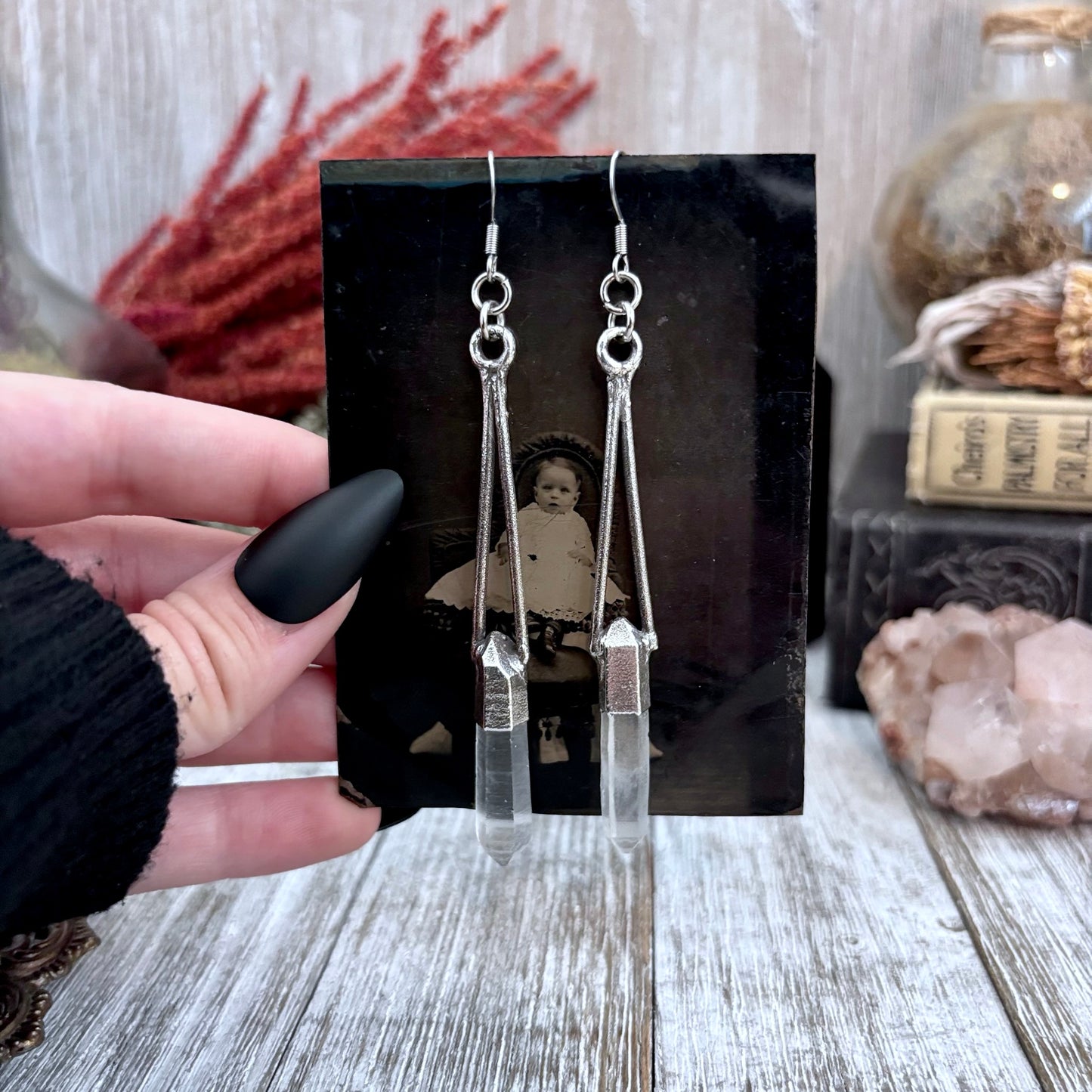 Raw Clear Quartz Fine Silver Crystal Drop Earrings / Long Dangle Witchy Earrings
