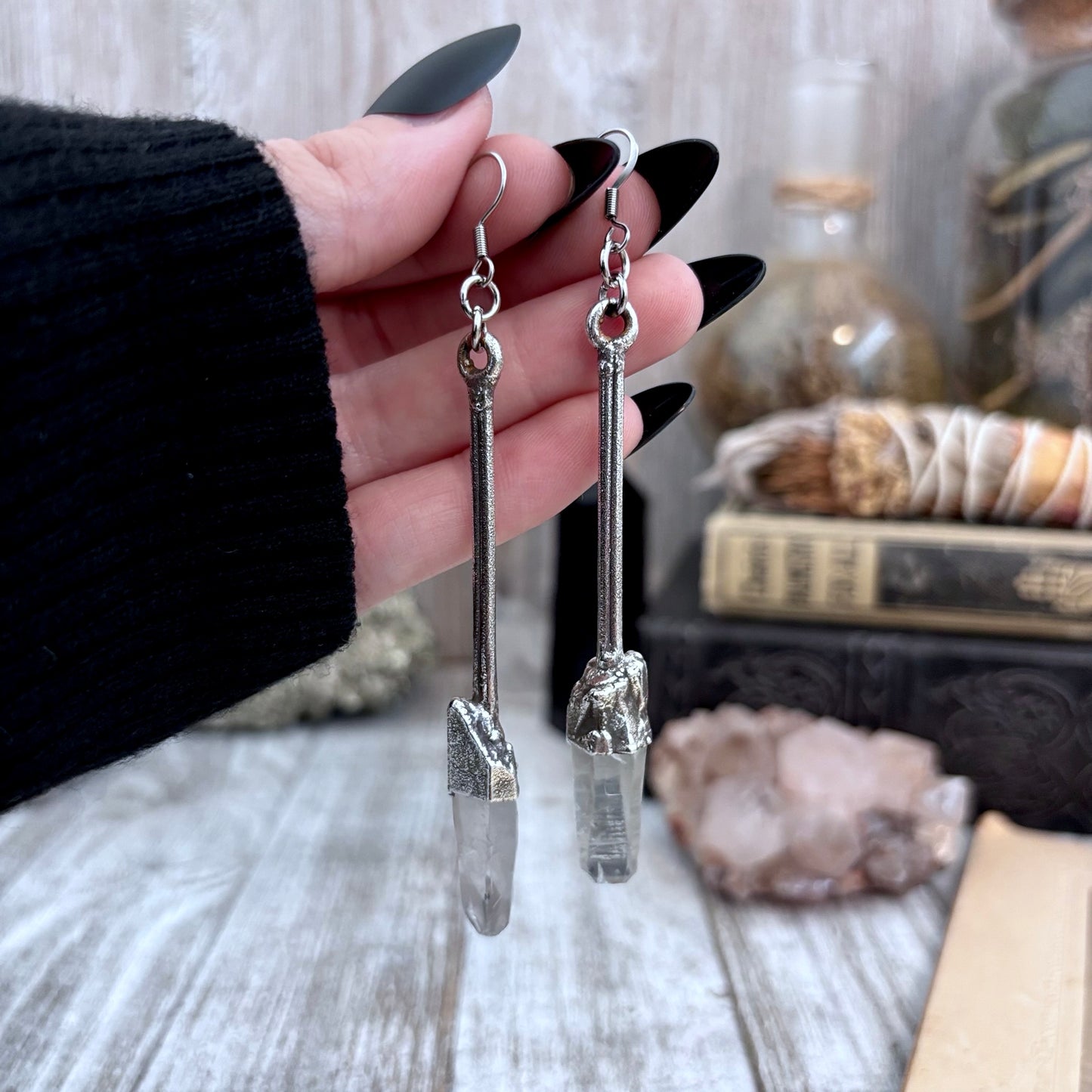 Raw Clear Quartz Fine Silver Crystal Drop Earrings / Long Dangle Witchy Earrings