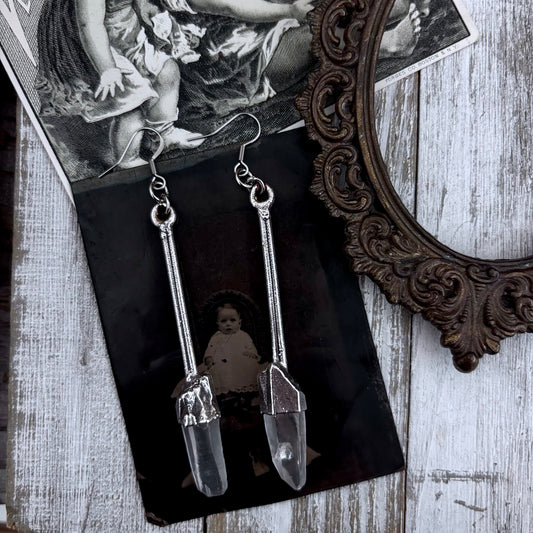Raw Clear Quartz Fine Silver Crystal Drop Earrings / Long Dangle Witchy Earrings