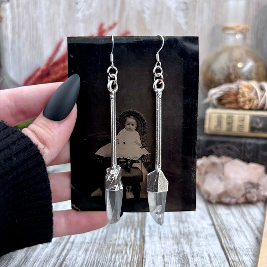 Raw Clear Quartz Fine Silver Crystal Drop Earrings / Long Dangle Witchy Earrings