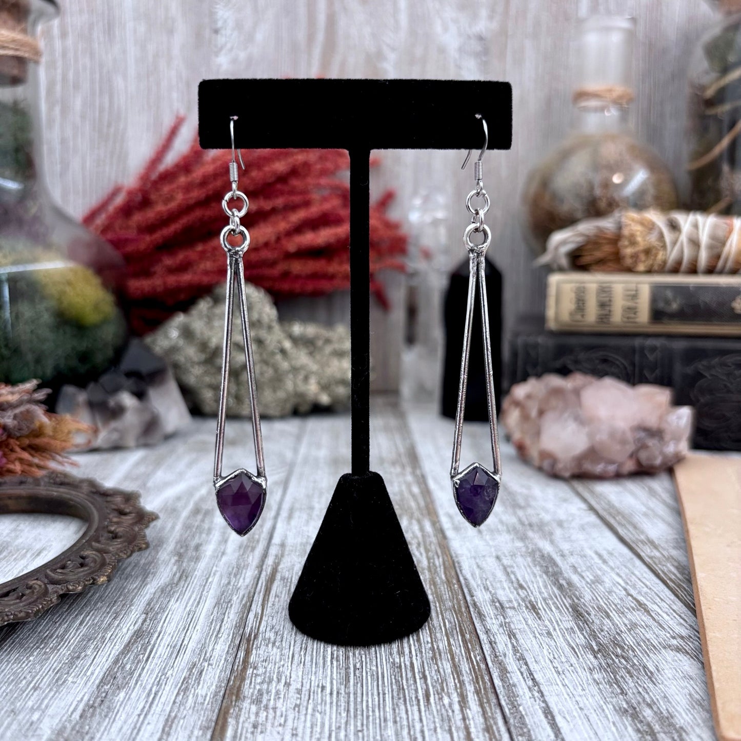 Faceted Amethyst Fine Silver Crystal Drop Earrings / Long Dangle Witchy Earrings