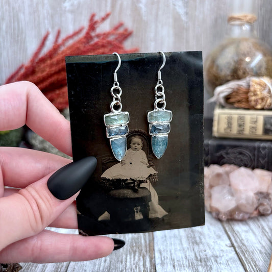 Multistone Blue Kyanite Fine Silver Crystal Earrings / Long Dangle Witchy Earrings