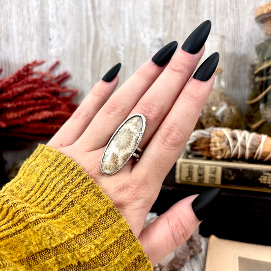 Fossilized Coral Crystal Ring Fine Silver Size 10/ Foxlark Collection - One of a Kind