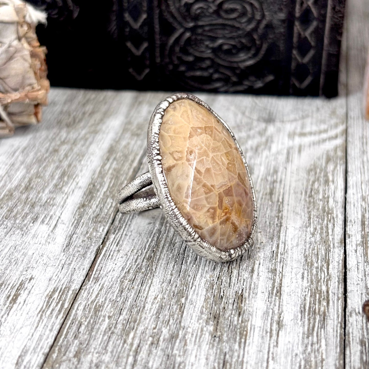 Fossilized Coral Crystal Ring Fine Silver Size 7 / Foxlark Collection - One of a Kind