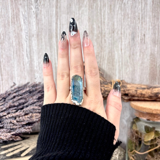 Aqua Aura Quartz Crystal Ring Set in Fine Silver Size 9 / Foxlark Collection - One of a Kind